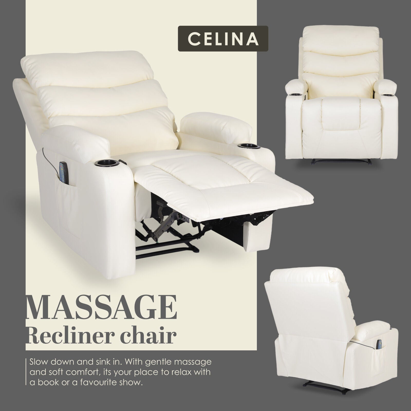 8-Point Electric Massage Recliner Chair - PU Leather Lounge Sofa Armchair CELINA CREAM - Image 4