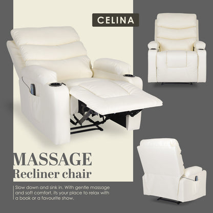8-Point Electric Massage Recliner Chair - PU Leather Lounge Sofa Armchair CELINA CREAM - Image 4