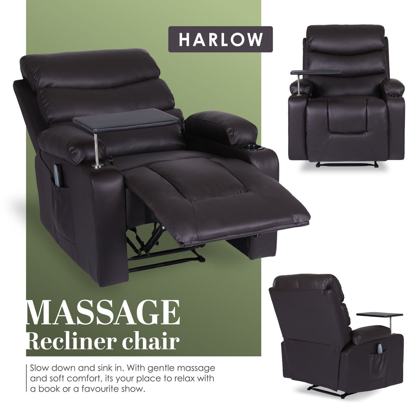 8-Point Electric Massage Recliner Chair - PU Leather Electric Lounge Sofa Armchair HARLOW BROWN - Image 4