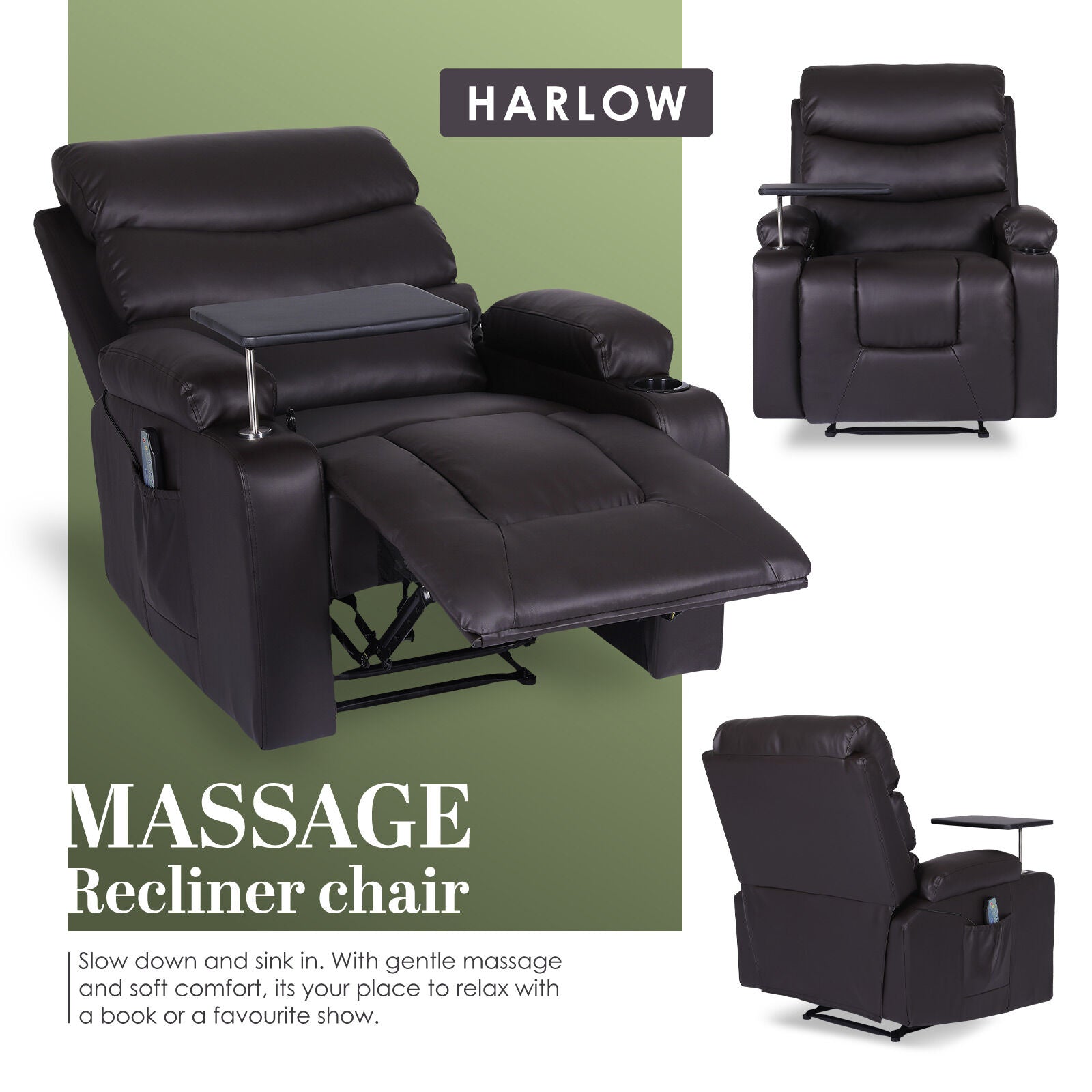8-Point Electric Massage Recliner Chair - PU Leather Electric Lounge Sofa Armchair HARLOW BROWN - Image 4