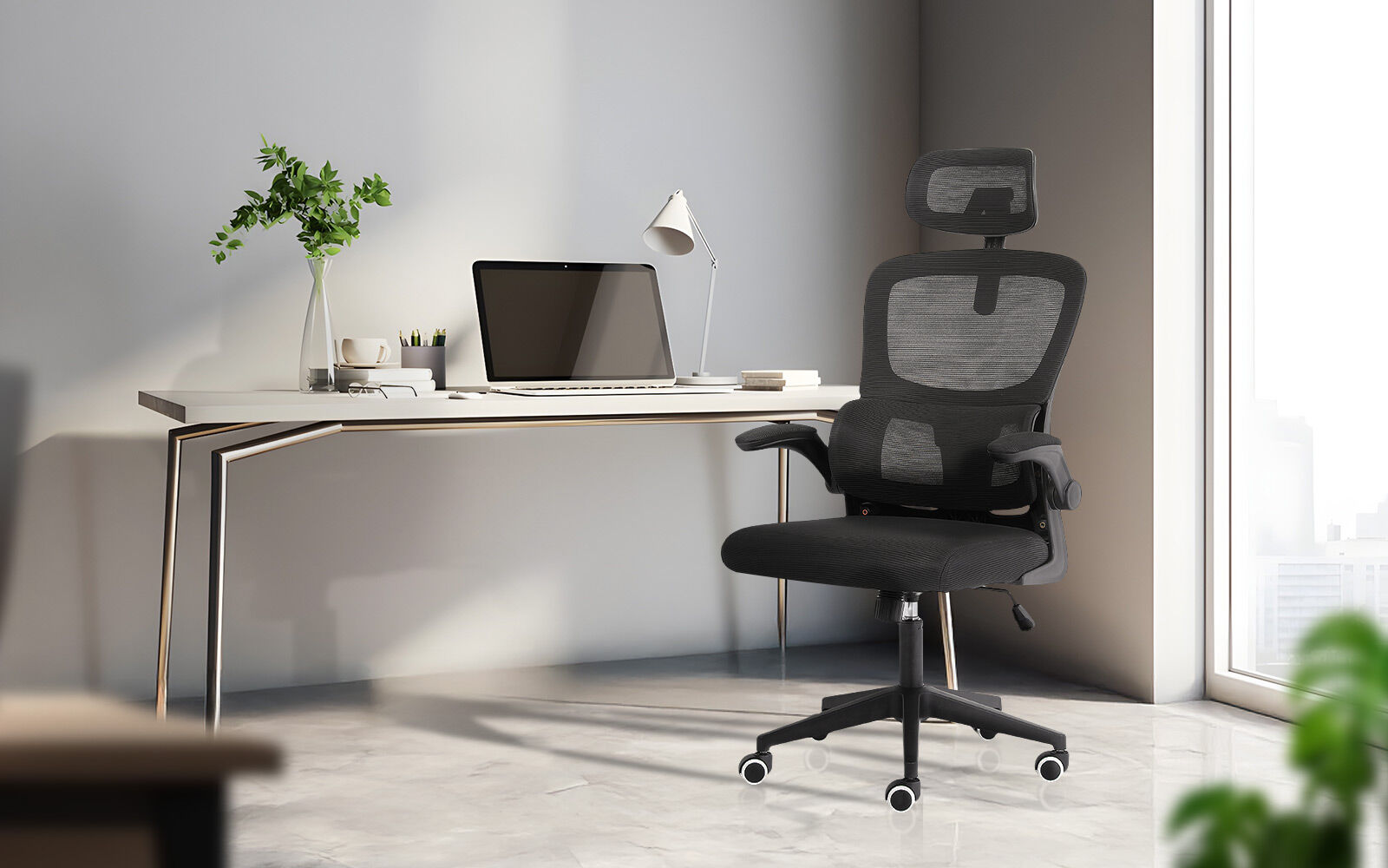 Work Office Chair - Lumber Support, Flip-up Armrest, Adjustable Headrest SITIO - Black - Image 2