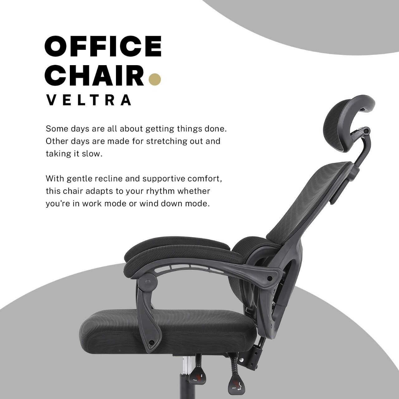 Ergonomic Reclining Office Chair - Lumbar Support, Adjustable Headrest VELTRA - BLACK - Image 3