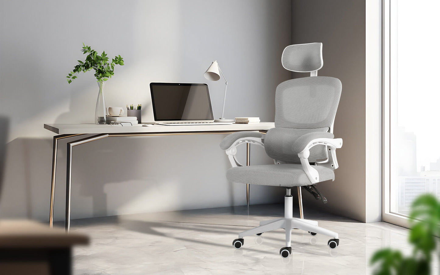 Ergonomic Reclining Office Chair - Lumbar Support, Adjustable Headrest VELTRA - GREY - Image 2