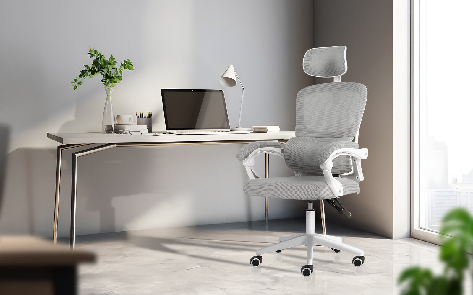 Ergonomic Reclining Office Chair - Lumbar Support, Adjustable Headrest VELTRA - GREY - Image 2