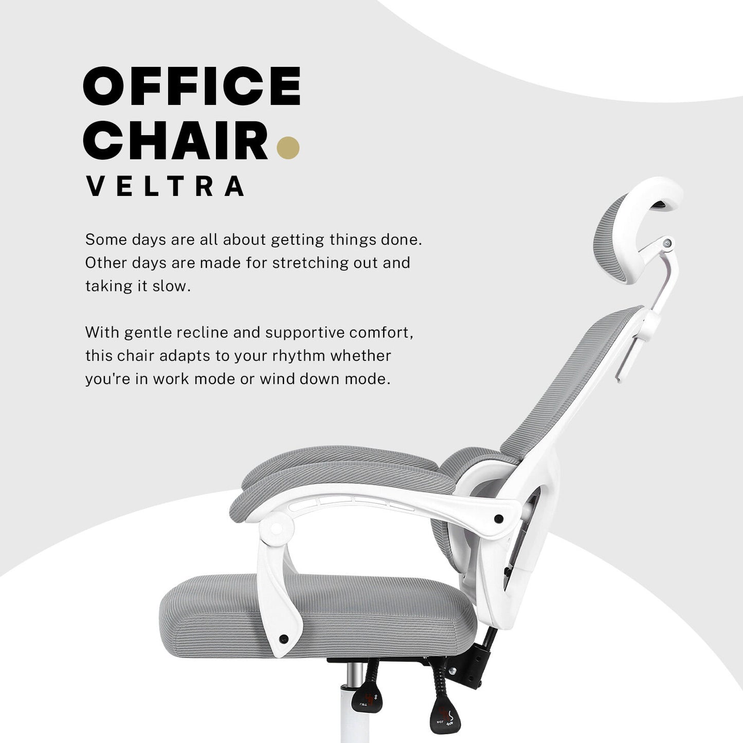 Ergonomic Reclining Office Chair - Lumbar Support, Adjustable Headrest VELTRA - GREY - Image 3