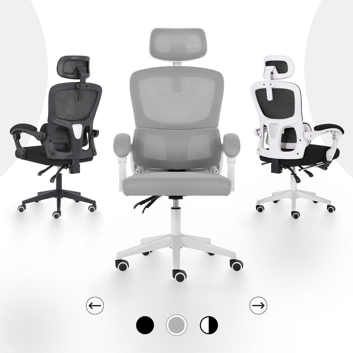 Ergonomic Reclining Office Chair - Lumbar Support, Adjustable Headrest VELTRA - GREY - Image 4