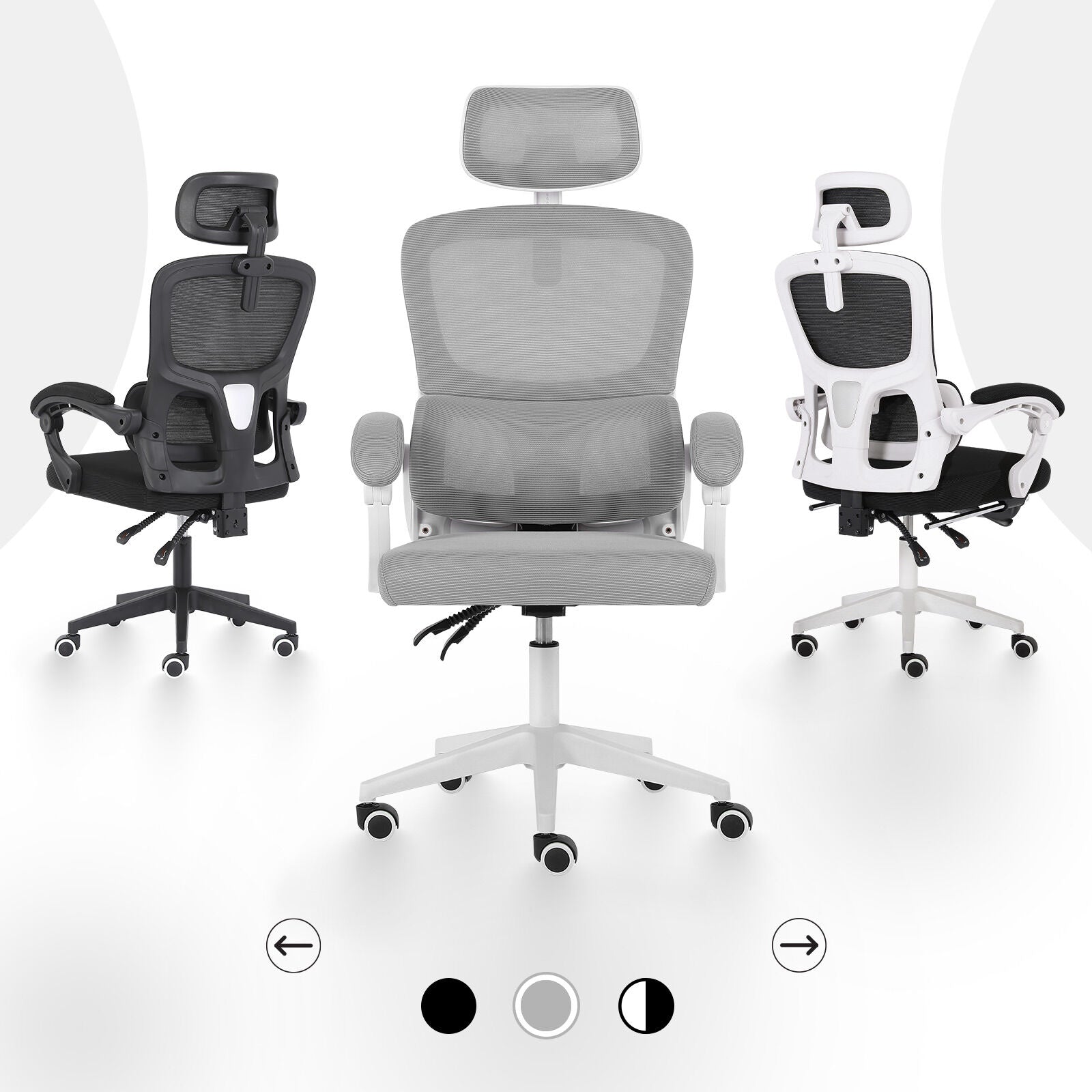 Ergonomic Reclining Office Chair - Lumbar Support, Adjustable Headrest VELTRA - GREY - Image 4