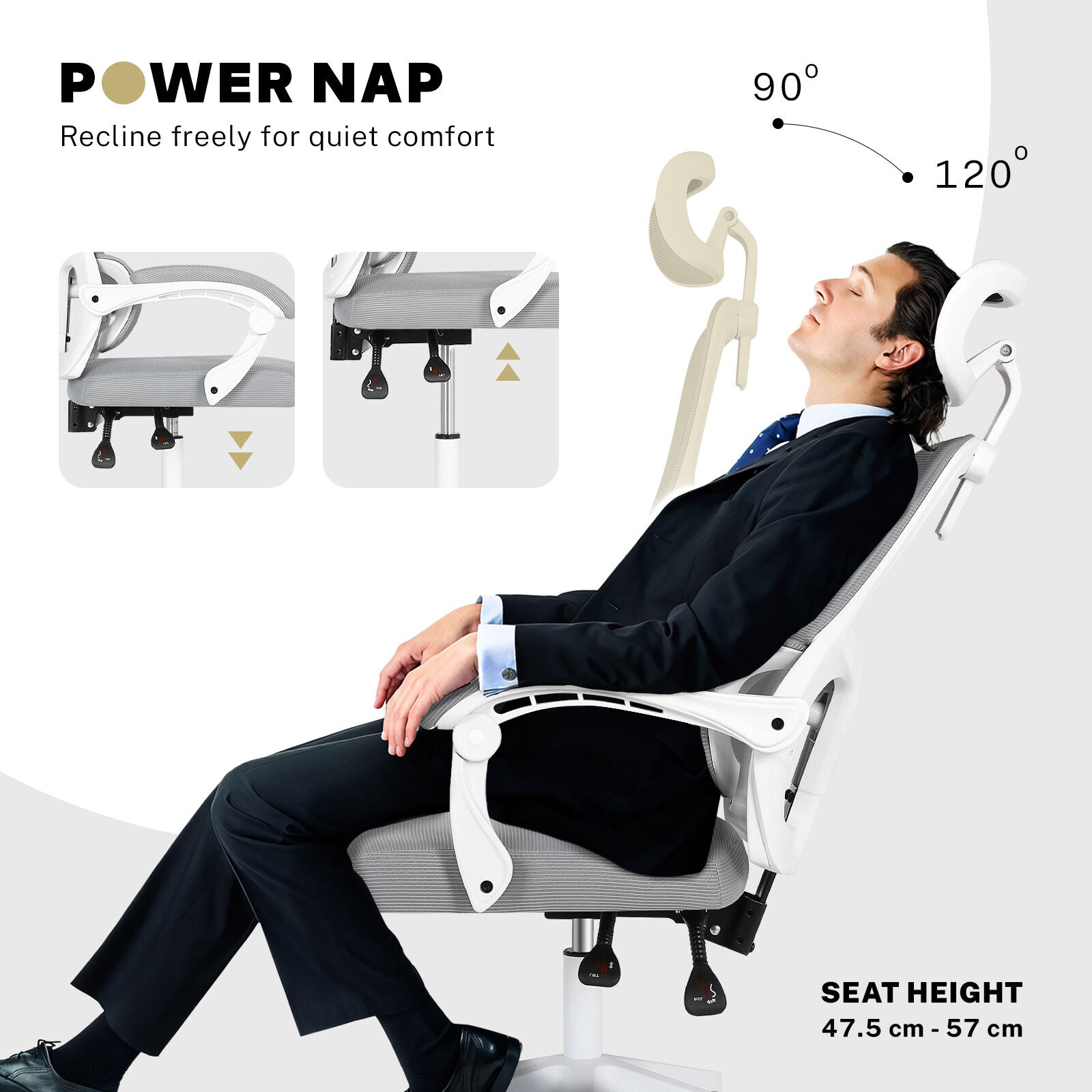 Ergonomic Reclining Office Chair - Lumbar Support, Adjustable Headrest VELTRA - GREY - Image 5
