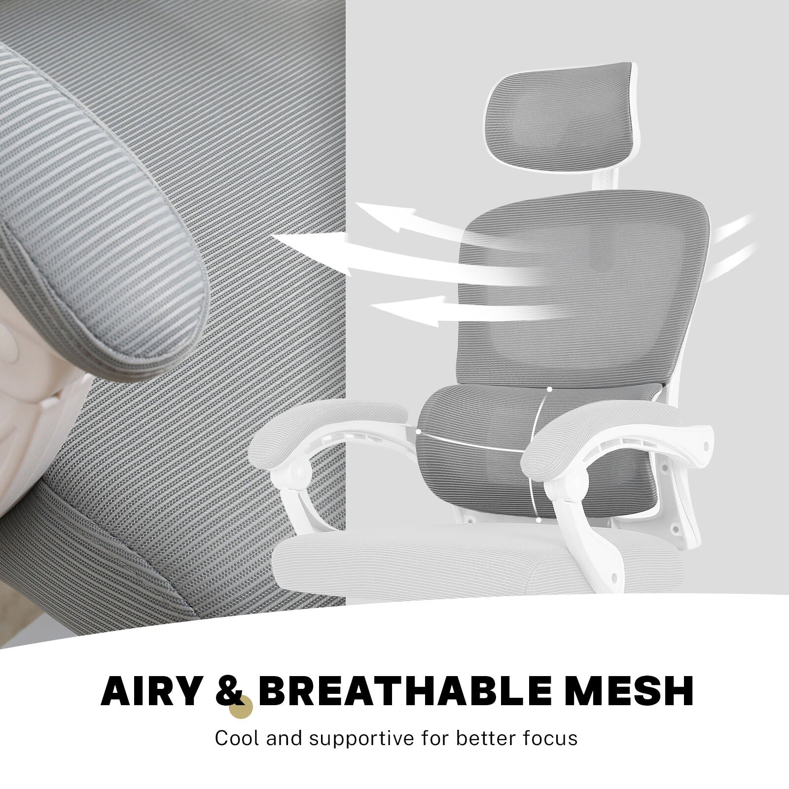 Ergonomic Reclining Office Chair - Lumbar Support, Adjustable Headrest VELTRA - GREY - Image 7