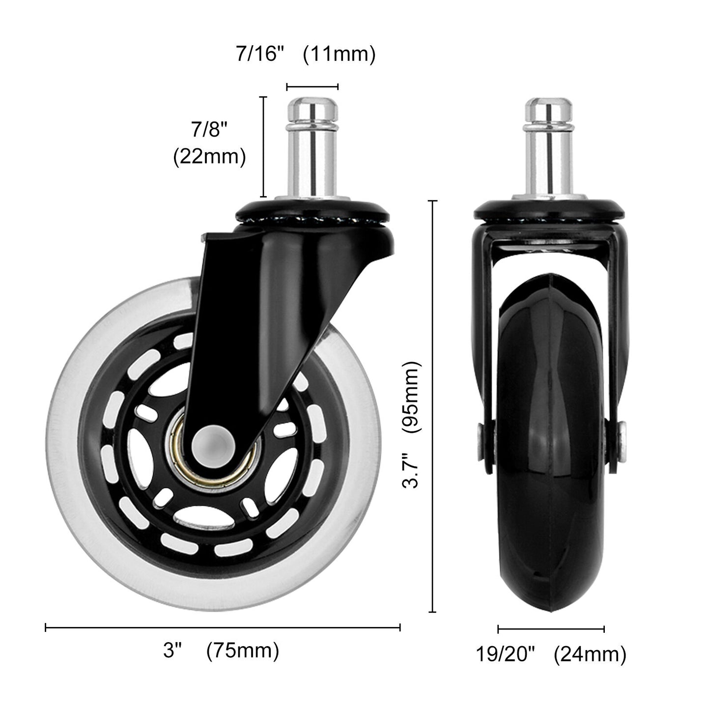 5X 3'' Rollerblade Style Wheels Office Chair Casters - Slient Smooth, 11x22mm Stem - Image 9