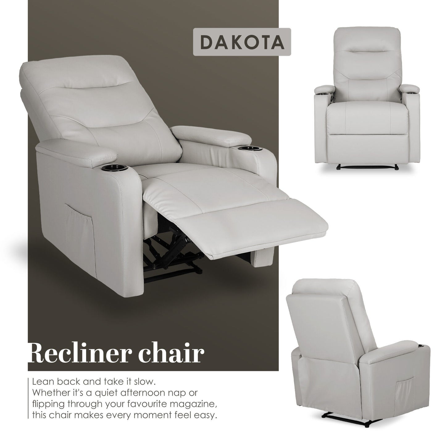Home Recliner Chair - PU Leather Sofa Lounge Armchair DAKOTA GREY - Image 3