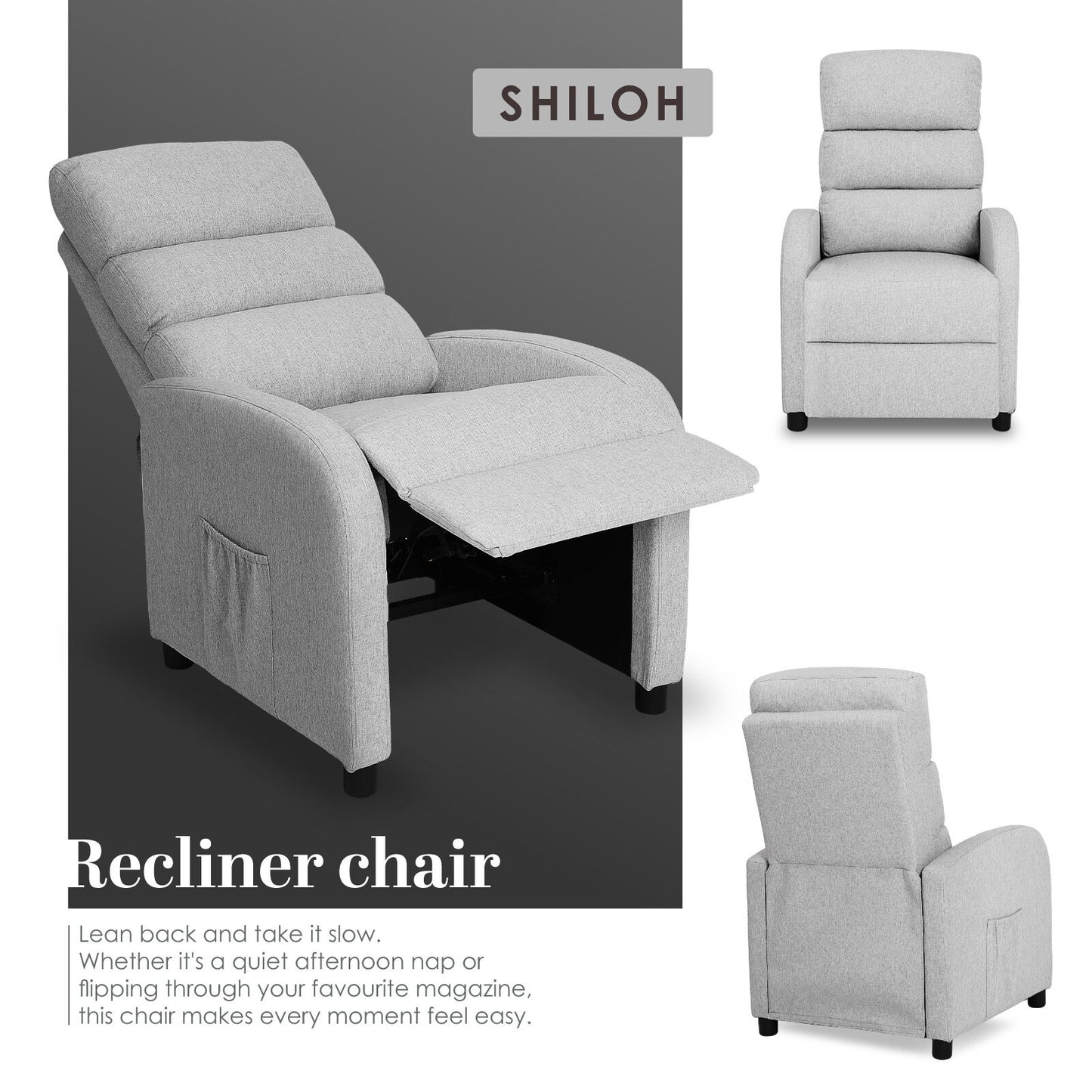 Home Recliner Chair - Linen Fabric Sofa Lounge Armchair SHILOH GREY - Image 3
