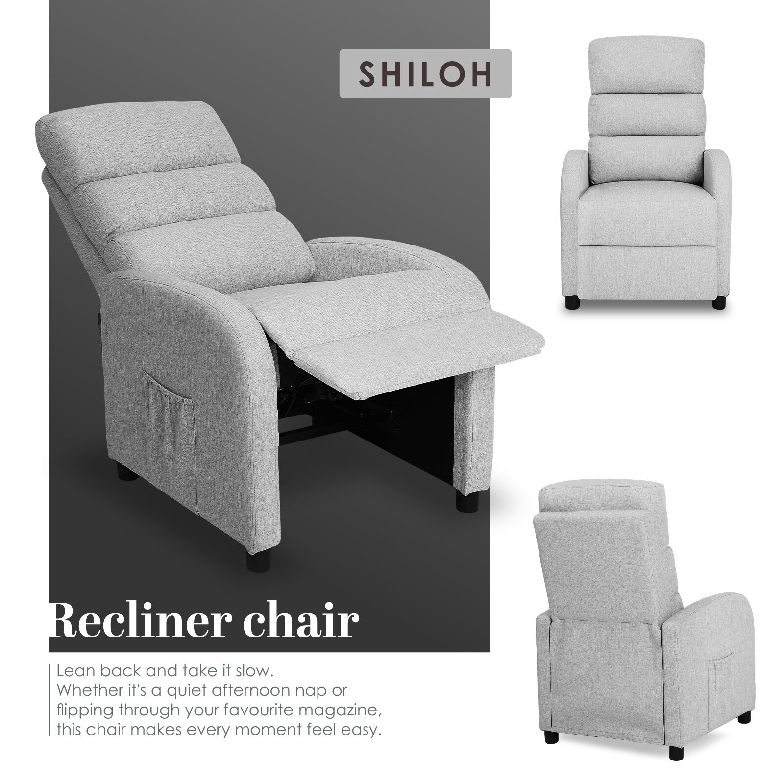 Home Recliner Chair - Linen Fabric Sofa Lounge Armchair SHILOH GREY - Image 3