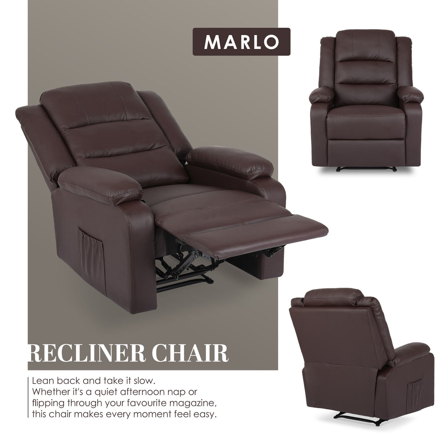 Home Recliner Chair - PU Leather Sofa Lounge Armchair MARLO BROWN - Image 3