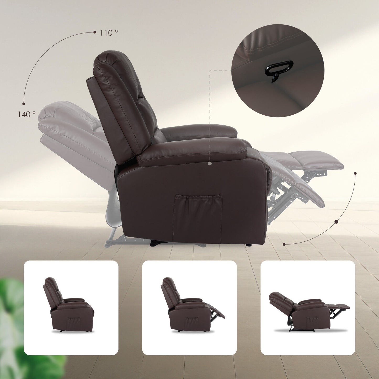 Home Recliner Chair - PU Leather Sofa Lounge Armchair MARLO BROWN - Image 6