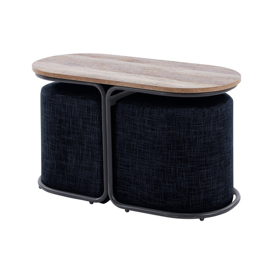 3 Piece Set Coffee Table & Ottoman Wood Side End Table Industrial - Black