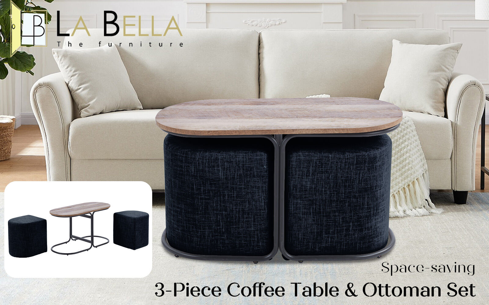 3 Piece Set Coffee Table & Ottoman Wood Side End Table Industrial - Black - Image 2