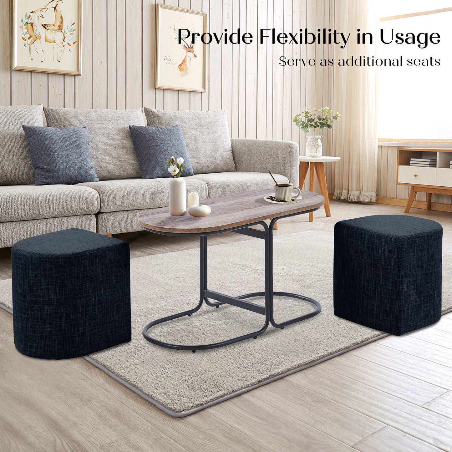 3 Piece Set Coffee Table & Ottoman Wood Side End Table Industrial - Black - Image 3