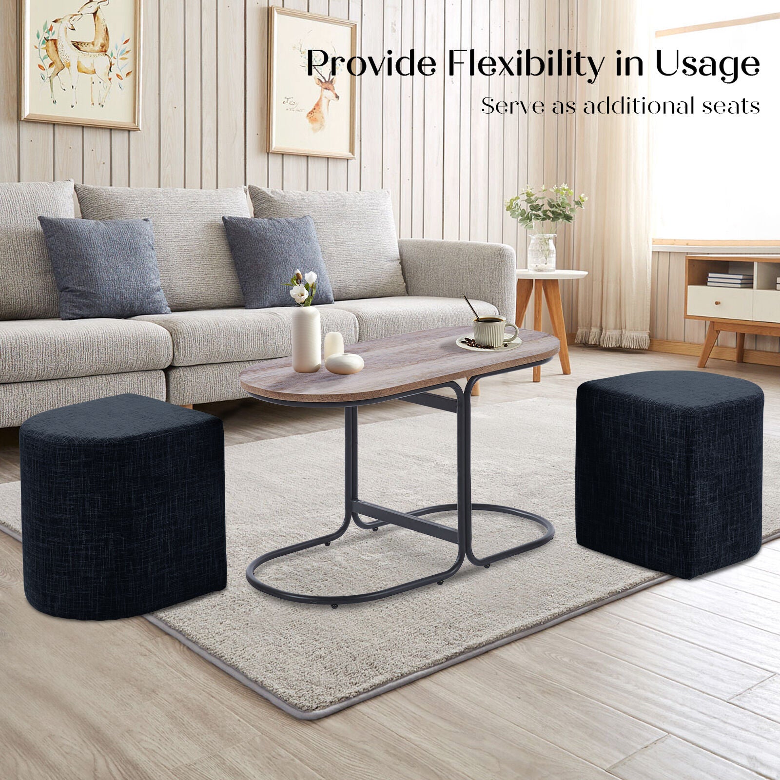 3 Piece Set Coffee Table & Ottoman Wood Side End Table Industrial - Black - Image 3