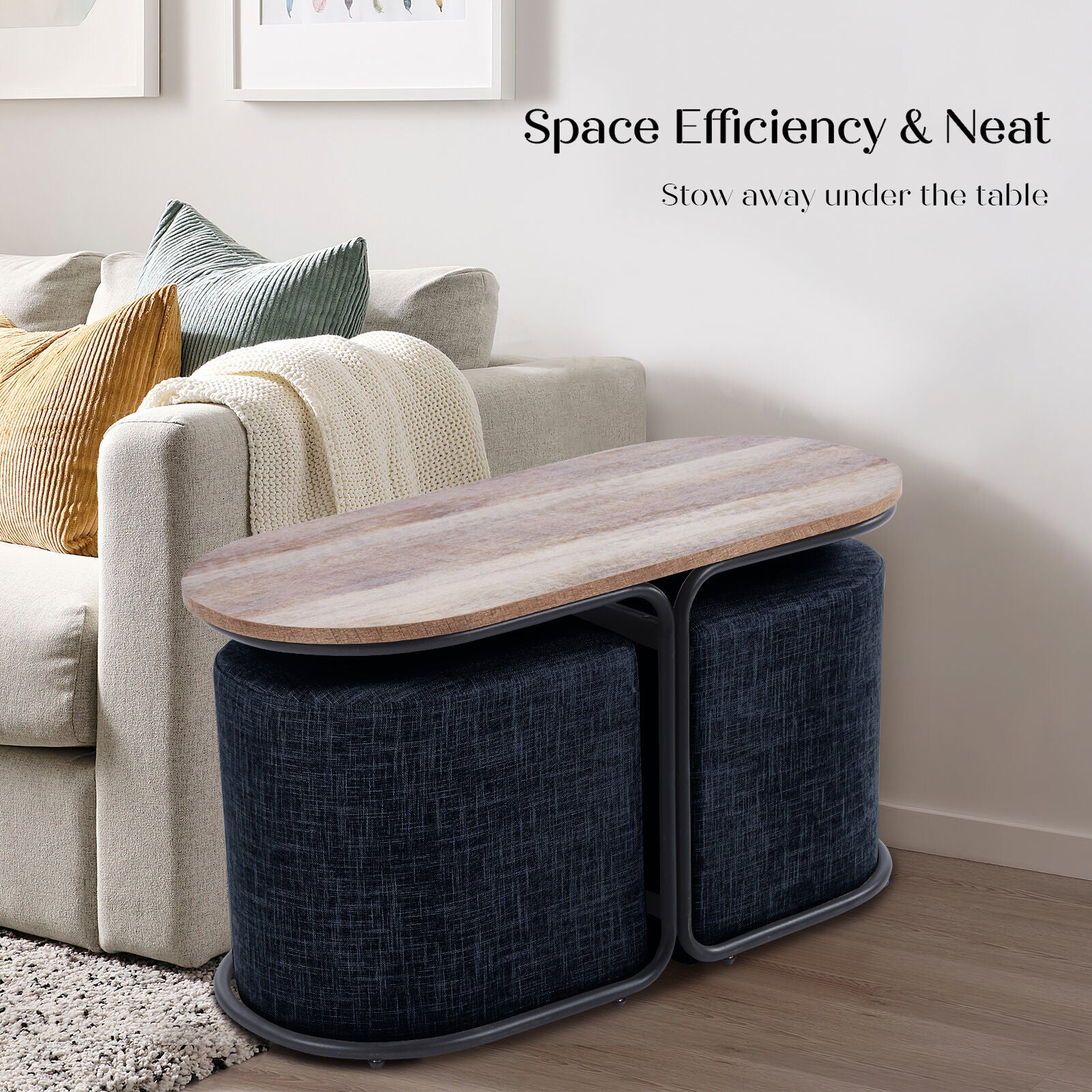 3 Piece Set Coffee Table & Ottoman Wood Side End Table Industrial - Black - Image 7