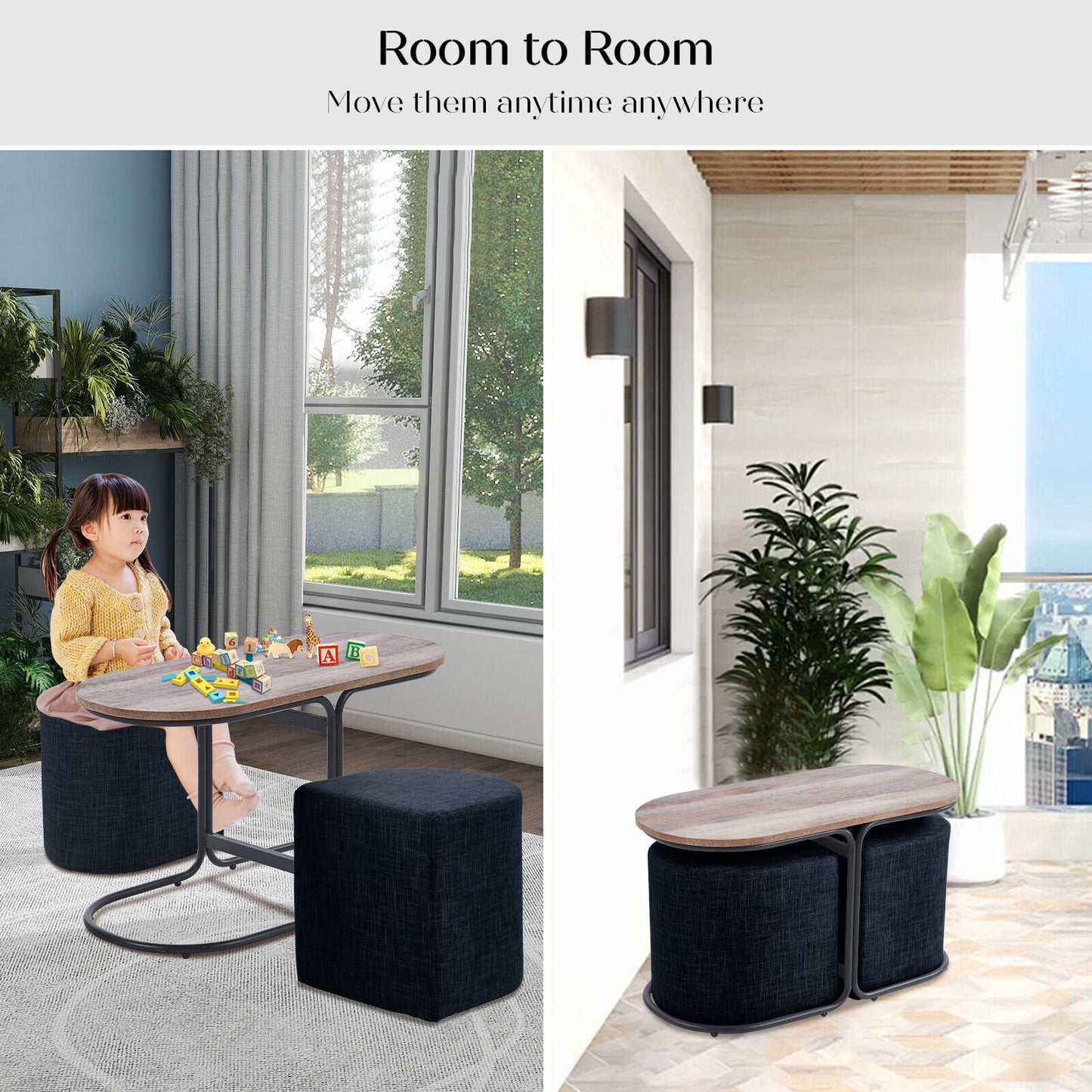 3 Piece Set Coffee Table & Ottoman Wood Side End Table Industrial - Black - Image 8