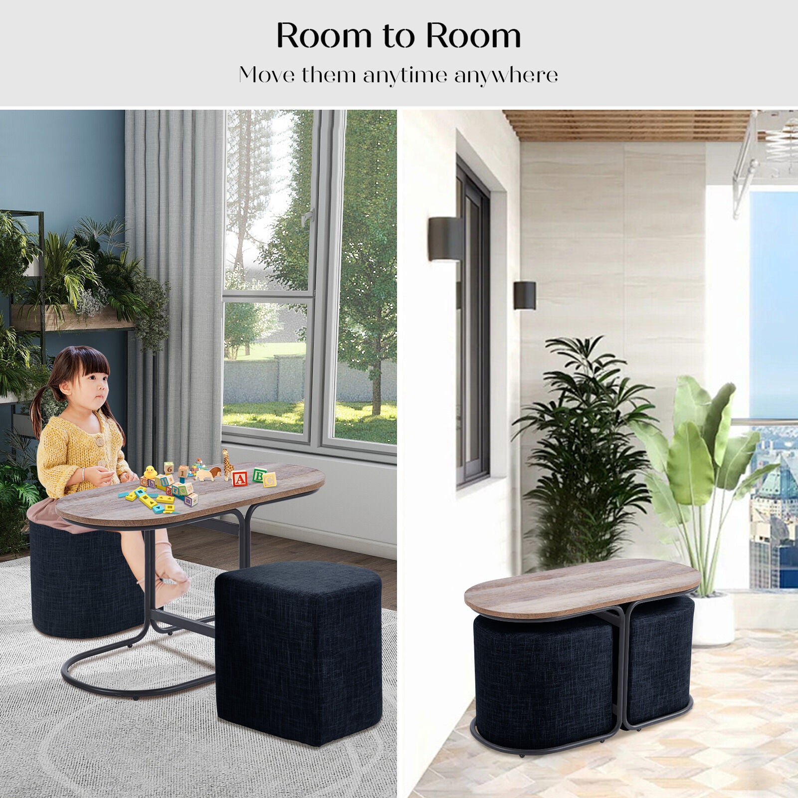 3 Piece Set Coffee Table & Ottoman Wood Side End Table Industrial - Black - Image 8