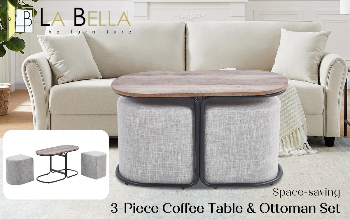 3 Piece Set Coffee Table & Ottoman Wood Side End Table Industrial - CREAM GREY - Image 2
