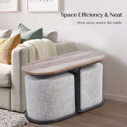 3 Piece Set Coffee Table & Ottoman Wood Side End Table Industrial - CREAM GREY - Image 6