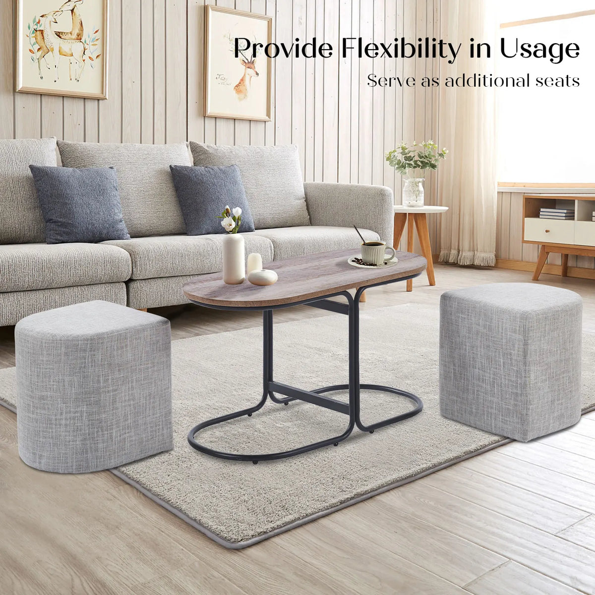 3 Piece Set Coffee Table & Ottoman Wood Side End Table Industrial - CREAM GREY - Image 3