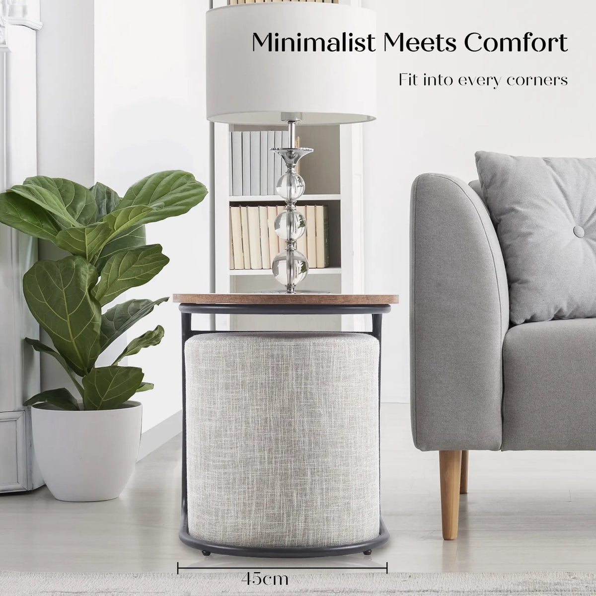 3 Piece Set Coffee Table & Ottoman Wood Side End Table Industrial - CREAM GREY - Image 5