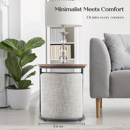 3 Piece Set Coffee Table & Ottoman Wood Side End Table Industrial - CREAM GREY - Image 5