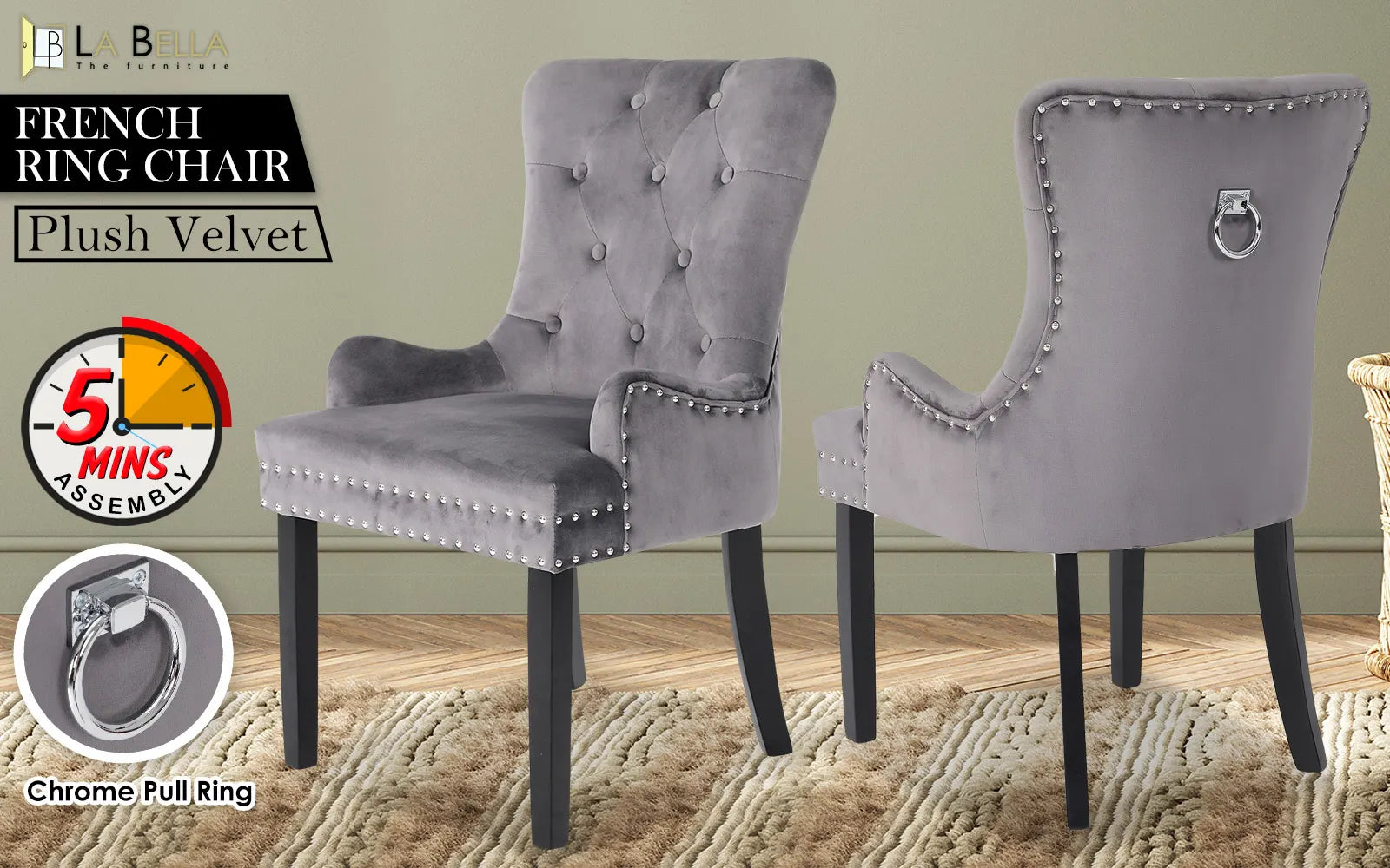 French Provincial Dining Chair Ring Studded Velvet Rubberwood Leg LISSE GREY - Image 2