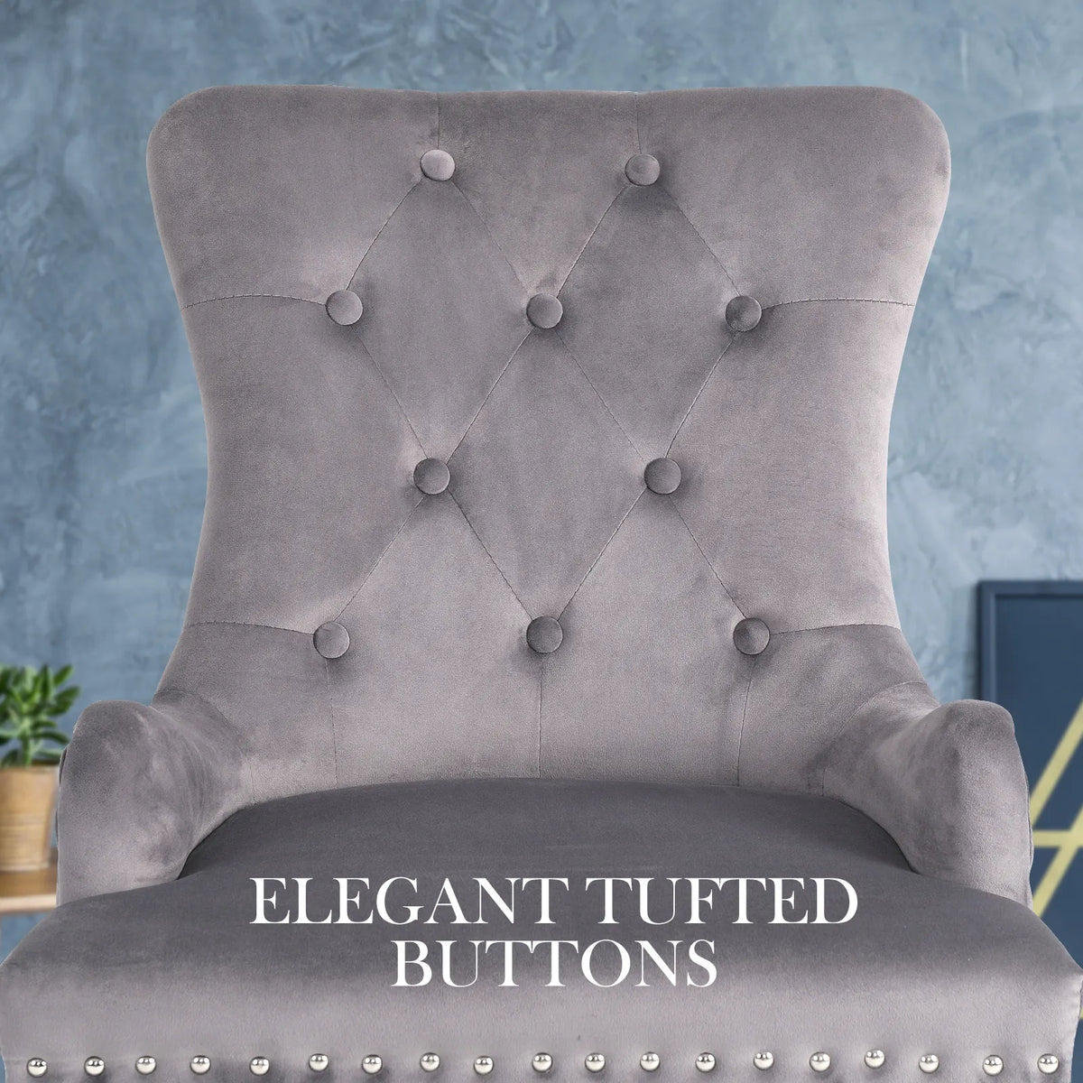 French Provincial Dining Chair Ring Studded Velvet Rubberwood Leg LISSE GREY - Image 4