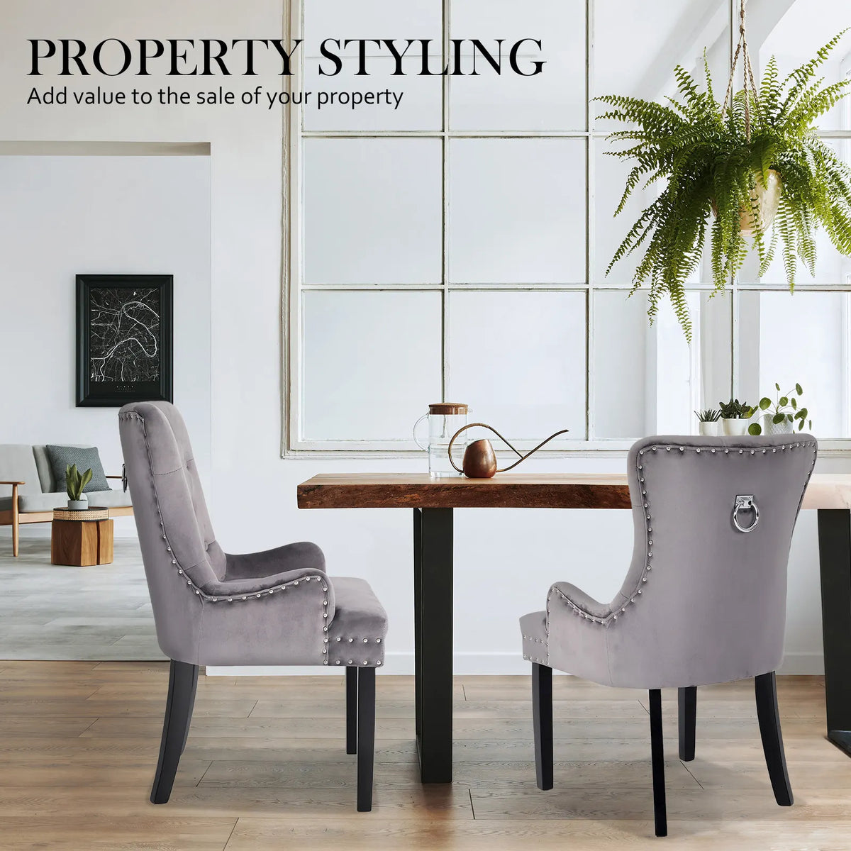 French Provincial Dining Chair Ring Studded Velvet Rubberwood Leg LISSE GREY - Image 6
