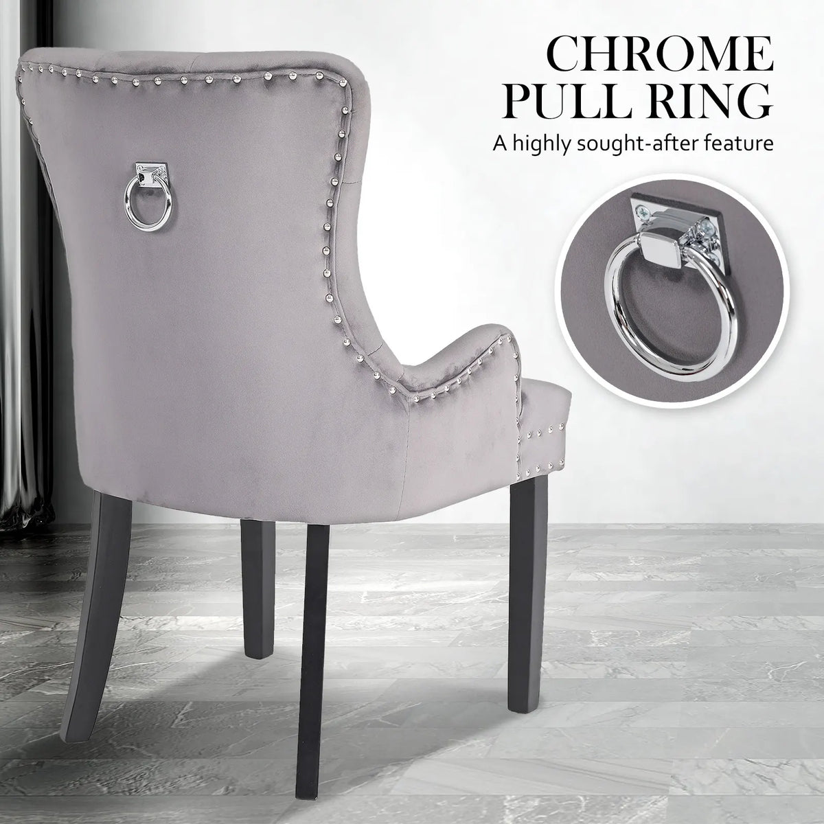 French Provincial Dining Chair Ring Studded Velvet Rubberwood Leg LISSE GREY - Image 8