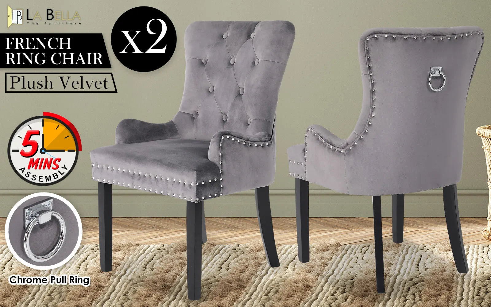 2X French Provincial Dining Chair Ring Studded Velvet Rubberwood Leg LISSE GREY - Image 2