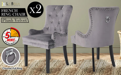 2X French Provincial Dining Chair Ring Studded Velvet Rubberwood Leg LISSE GREY - Image 2