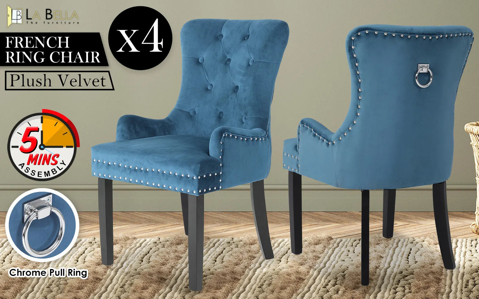 4X French Provincial Dining Chair Ring Studded Velvet Rubberwood Leg LISSE NAVY BLUE - Image 2
