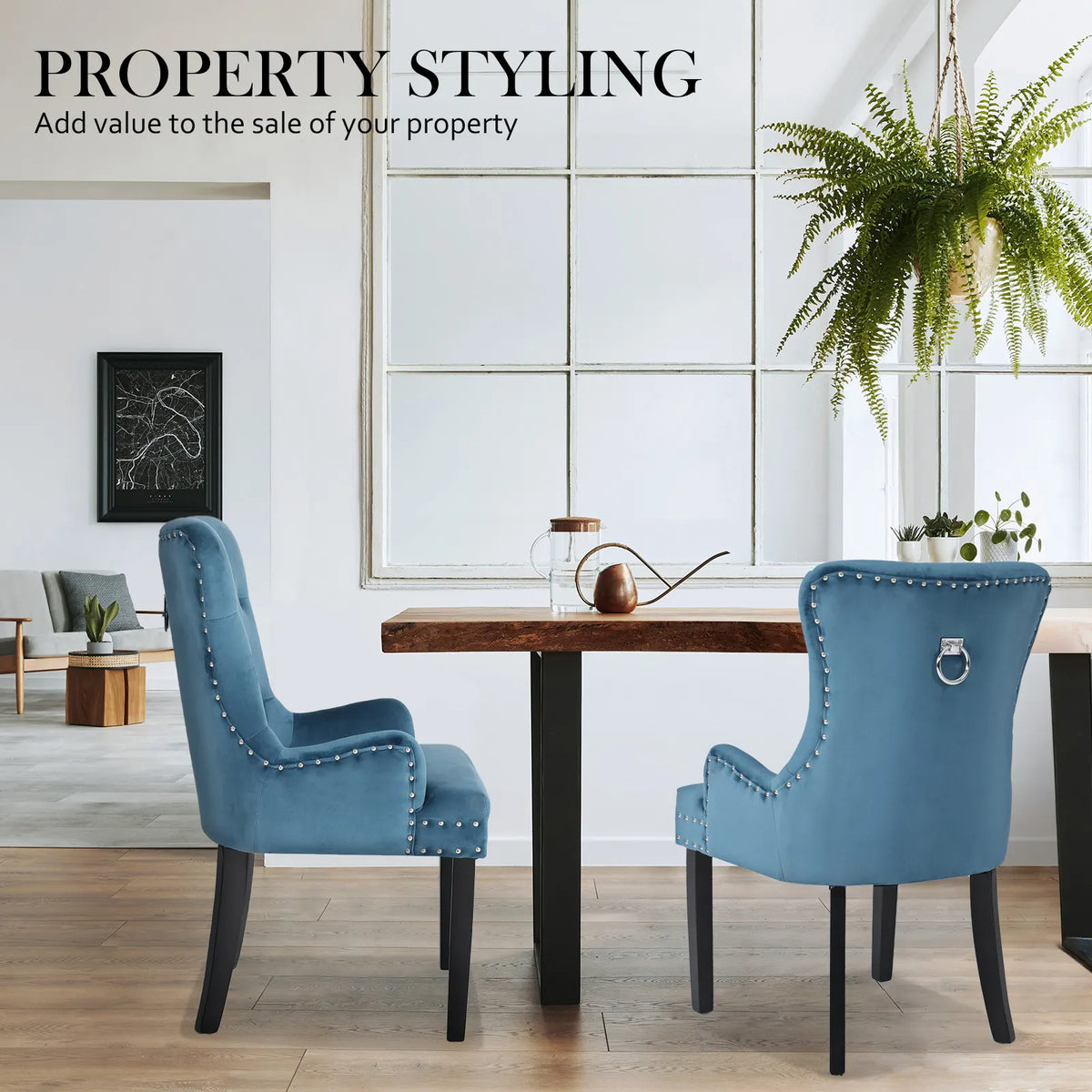 4X French Provincial Dining Chair Ring Studded Velvet Rubberwood Leg LISSE NAVY BLUE - Image 6