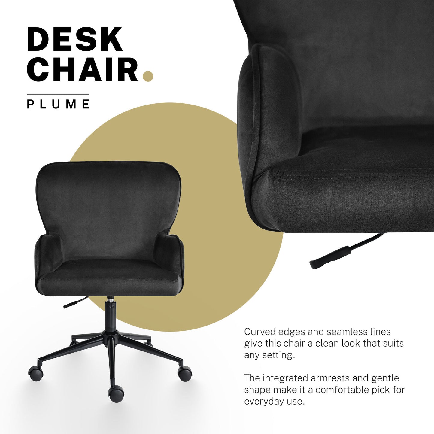 Desk Armchair - Home Office Swivel Chair Adjustable Height Seat PLUME BLACK - Image 3