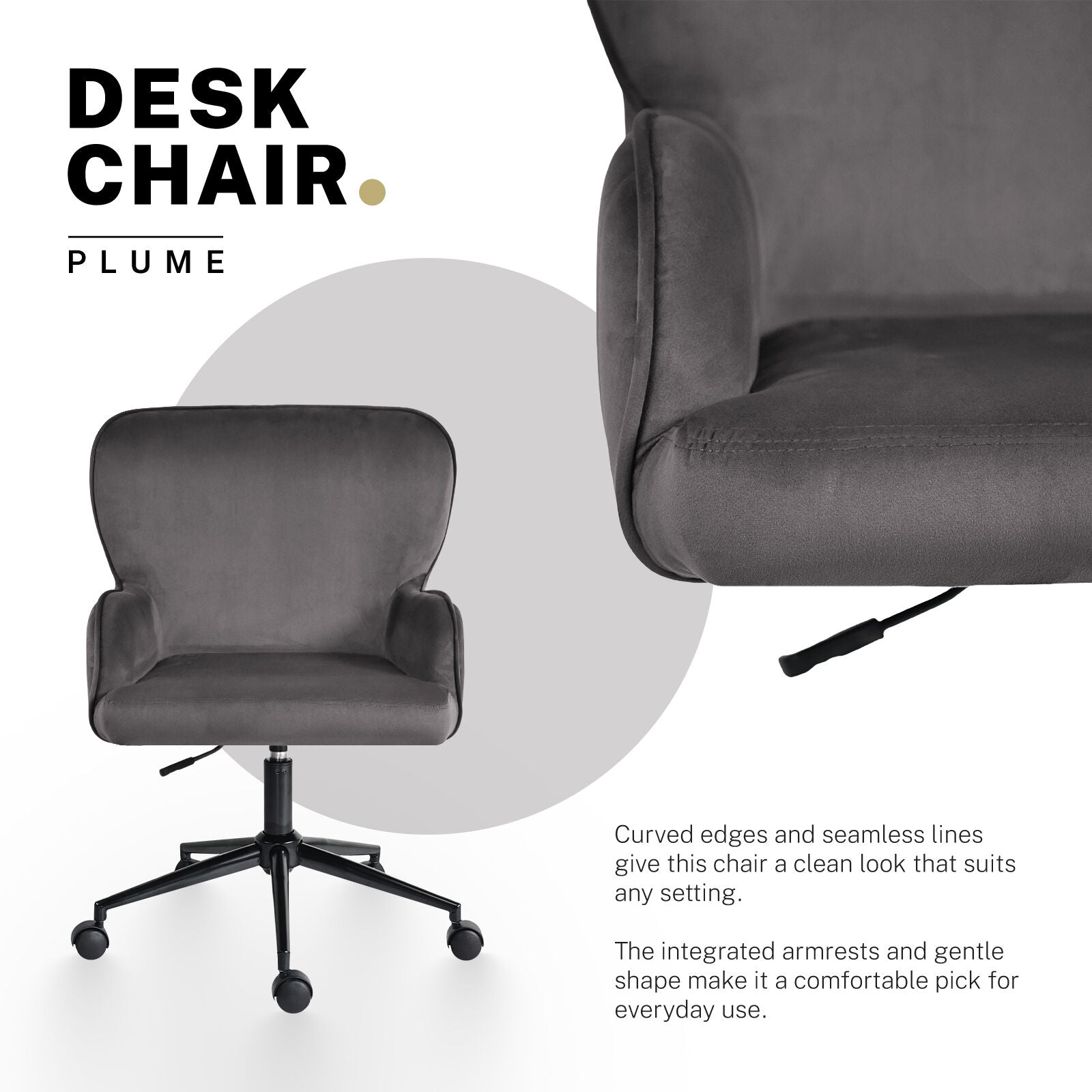Desk Armchair - Home Office Swivel Chair Adjustable Height Seat PLUME GREY - Image 3