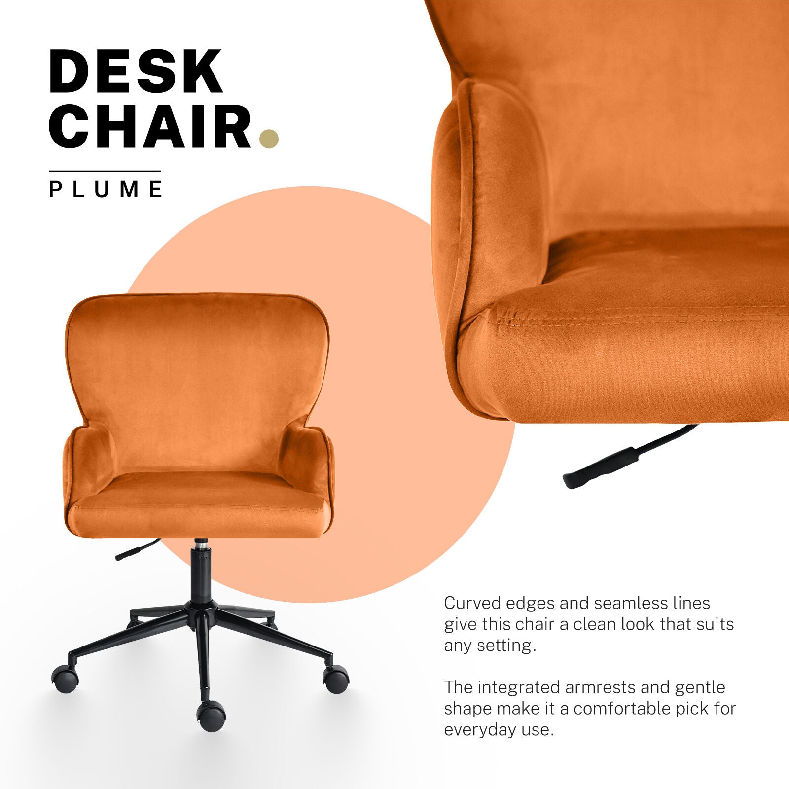 Desk Armchair - Home Office Swivel Chair Adjustable Height Seat PLUME ORANGE - Image 3