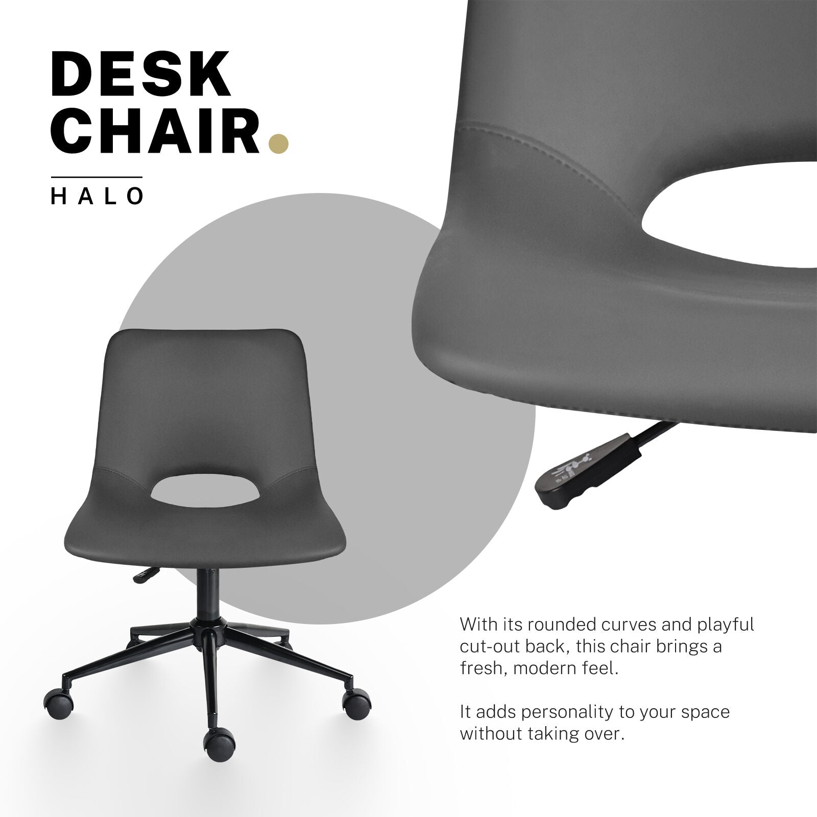 2 Set Office Desk Chair - PU Leather Home Swivel Chair Cut-Out Seat HALO GREY - Image 3