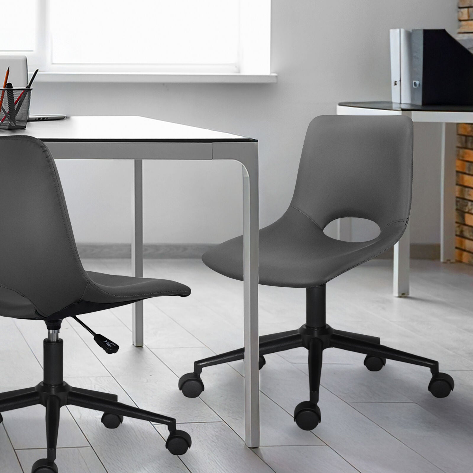 2 Set Office Desk Chair - PU Leather Home Swivel Chair Cut-Out Seat HALO GREY - Image 4