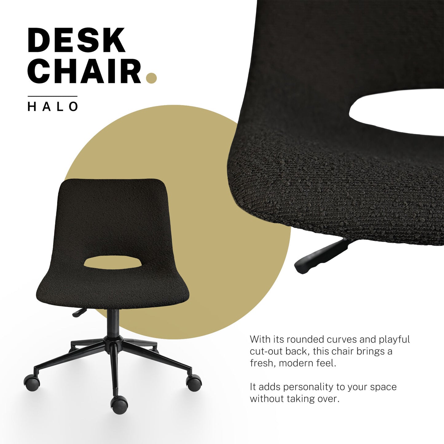 2 Set Office Desk Chair - Loop Yarn Fabric Home Swivel Chair Cut-Out Seat HALO BLACK - Image 3