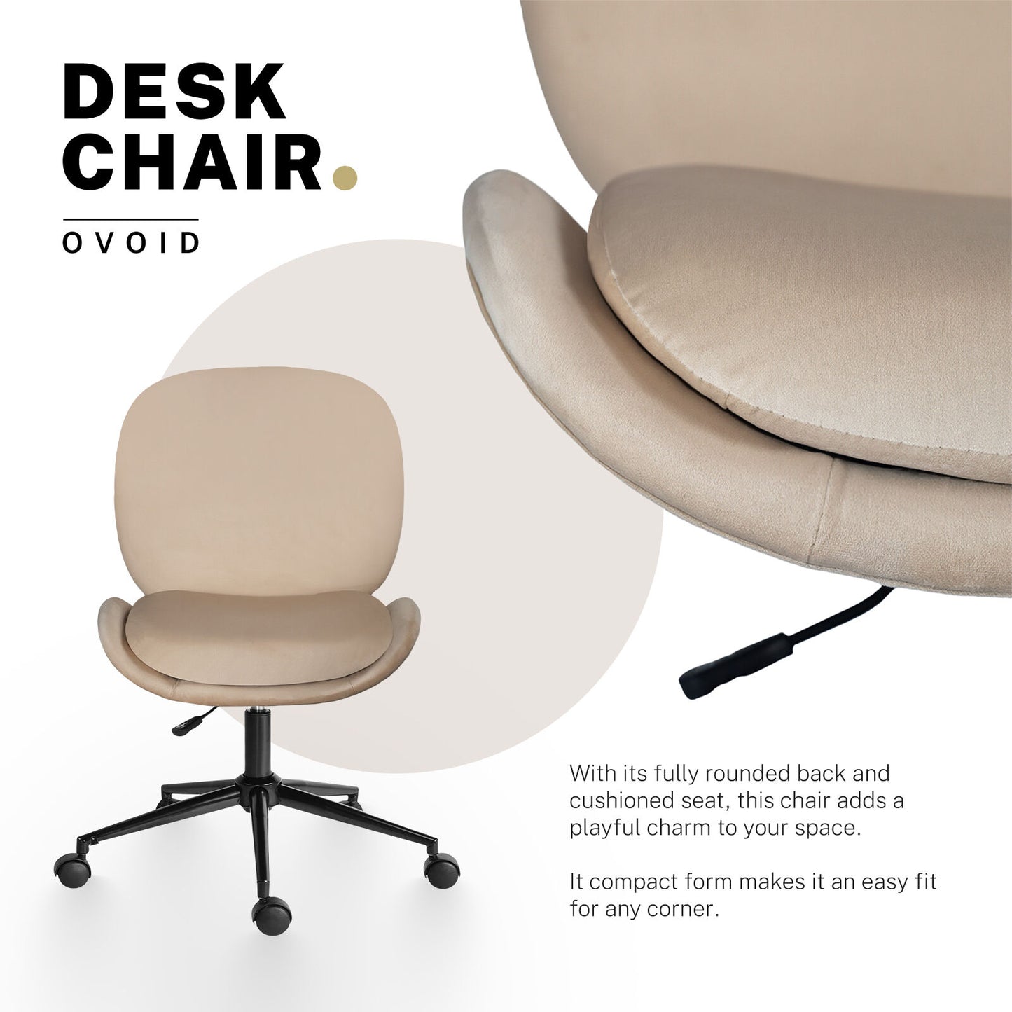 Office Desk Chair - Velvet Armless Swivel Study Seat OVOID PALE KHAKI - Image 3