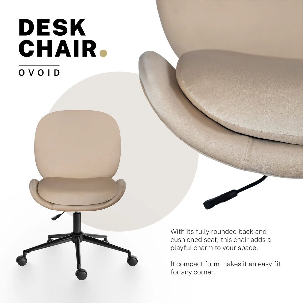 Office Desk Chair - Velvet Armless Swivel Study Seat OVOID PALE KHAKI - Image 3