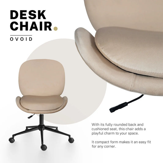 Office Desk Chair - Velvet Armless Swivel Study Seat OVOID PALE KHAKI - Image 3