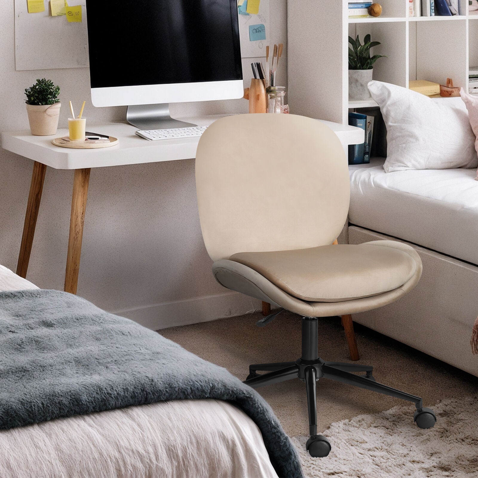 Office Desk Chair - Velvet Armless Swivel Study Seat OVOID PALE KHAKI - Image 5