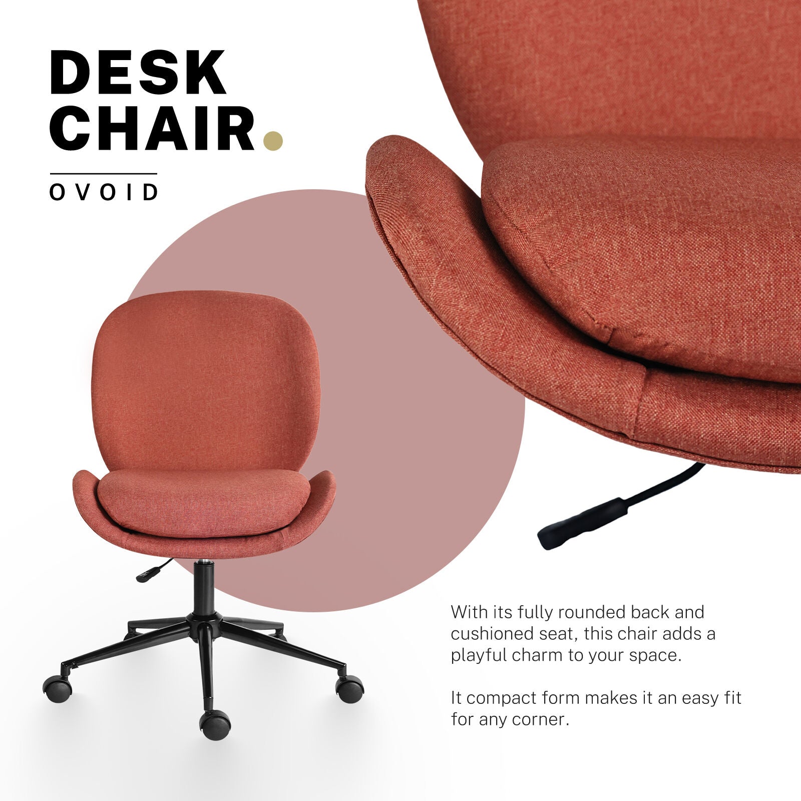 Office Desk Chair - Linen Fabric Armless Swivel Study Seat OVOID EARTHY RED - Image 2